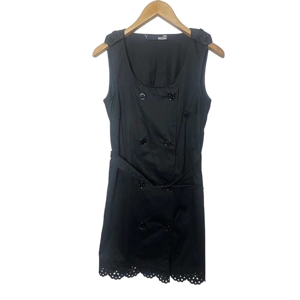 Love Moschino Black Belted Dress Scalloped Eyelet Hem Women’s Sz 6 Black